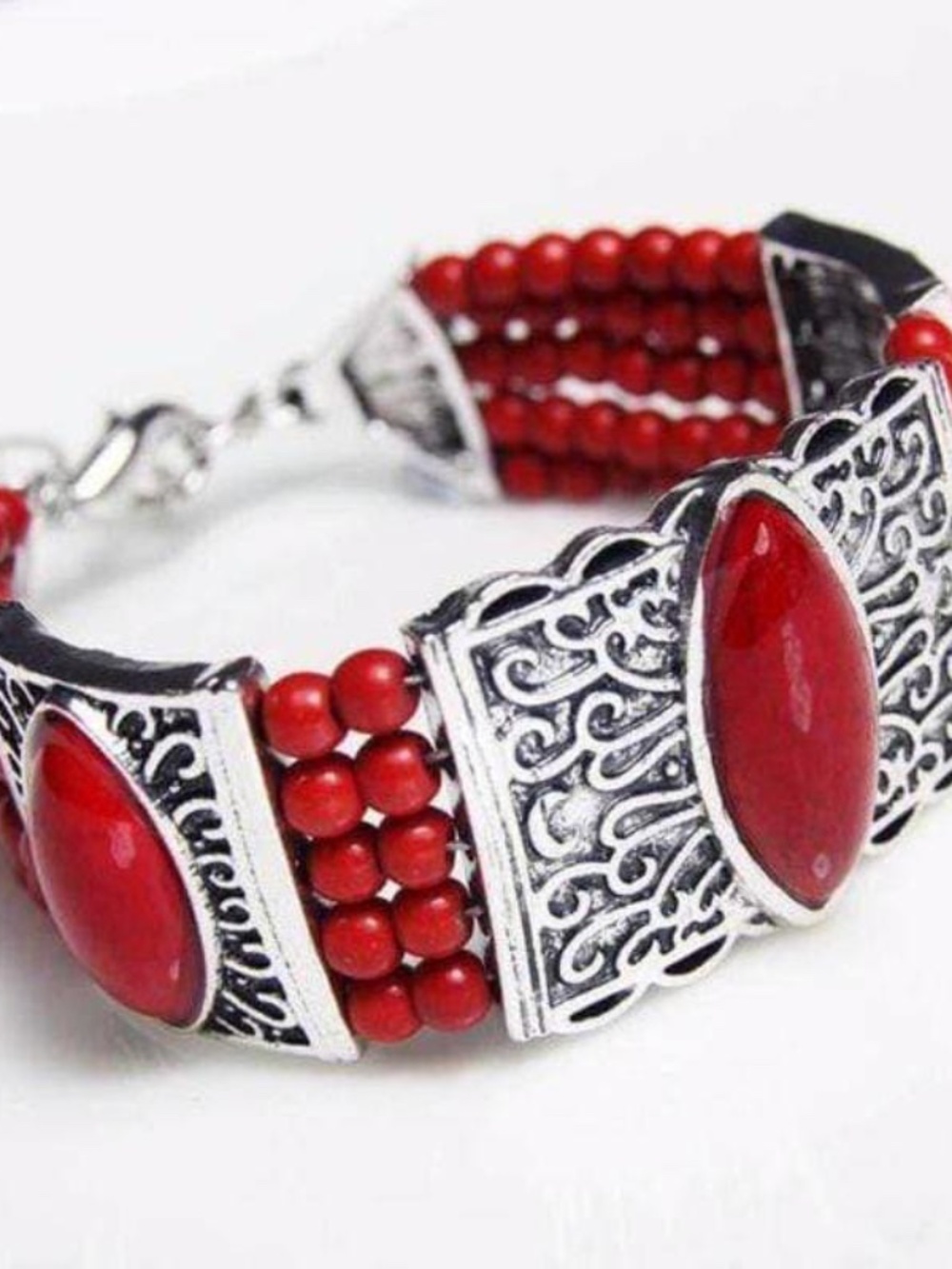Womens‎ Silver Red Beaded Multi-Strand Beaded Bracelet